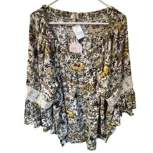 Stitch by Chenault Womens XXL Smocked Square Neck Bell Sleeve‎ Blouse Floral